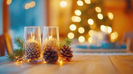 Glowing holiday christmas centerpiece featuring pine cones, ornamental warm and soft illumination, crafting baubles, seasonal ambiance