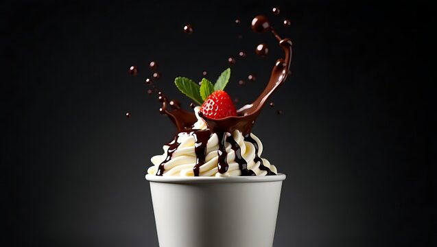 Delicious vanilla soft serve ice cream with chocolate sauce and strawberry topping