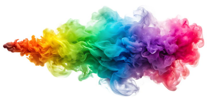 Rainbow colored smoke cloud swirling and expanding in abstract form isolated on a transparent background