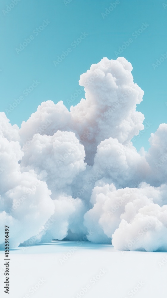 Poster a render of white clouds and spheres floating on 3d light blue background, creating a dreamy and sur