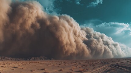 A massive sandstorm engulfs the desert landscape in a swirling vortex