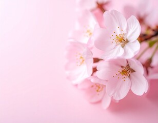 Fototapeta premium A cluster of cherry blossoms with gentle pink tones, set against a warm and soft pink background.