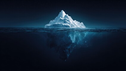 A majestic iceberg floats in dark ocean waters, a significant portion submerged, reflecting in the deep, night-time sea