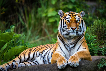 Majestic bengal tiger resting peacefully amidst lush green foliage