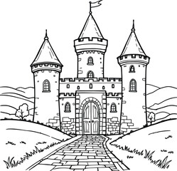 Obraz premium Black-and-White Vector Illustration of a Fairytale Castle – Triple-Towered Fortress with Flags and Arched Gate