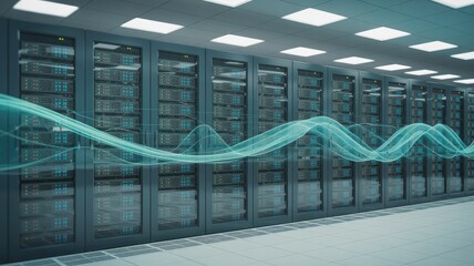 Glowing blue data streams flow over rows of server racks in a data center technology network
