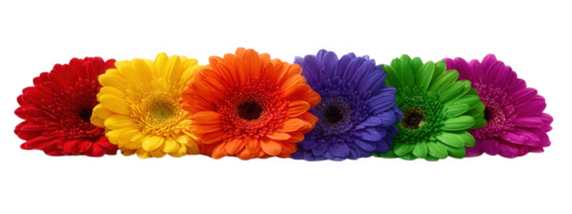 Row of colorful gerbera daisy flowers in red, yellow, orange, purple, green, and pink colors isolated on transparency background, bright and vibrant floral arrangement