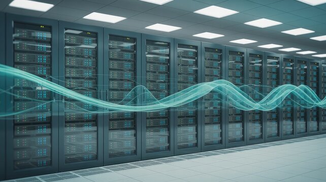 Glowing blue data streams flow over rows of server racks in a data center technology network