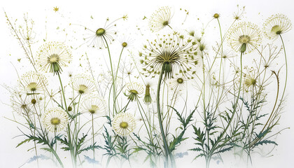 Modern watercolor rendering of a dandelion field, with artistic soft green and white hues and ethereal details, presented on a pure white backdrop, evoking nature's gentle cycle and wishes.