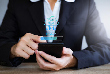 Backup concept, Online digital data storage and connection service. Businessman using smartphone...