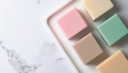 Fototapeta premium Pastel minimalist flat lay – Organic soaps on white marble tray, top view