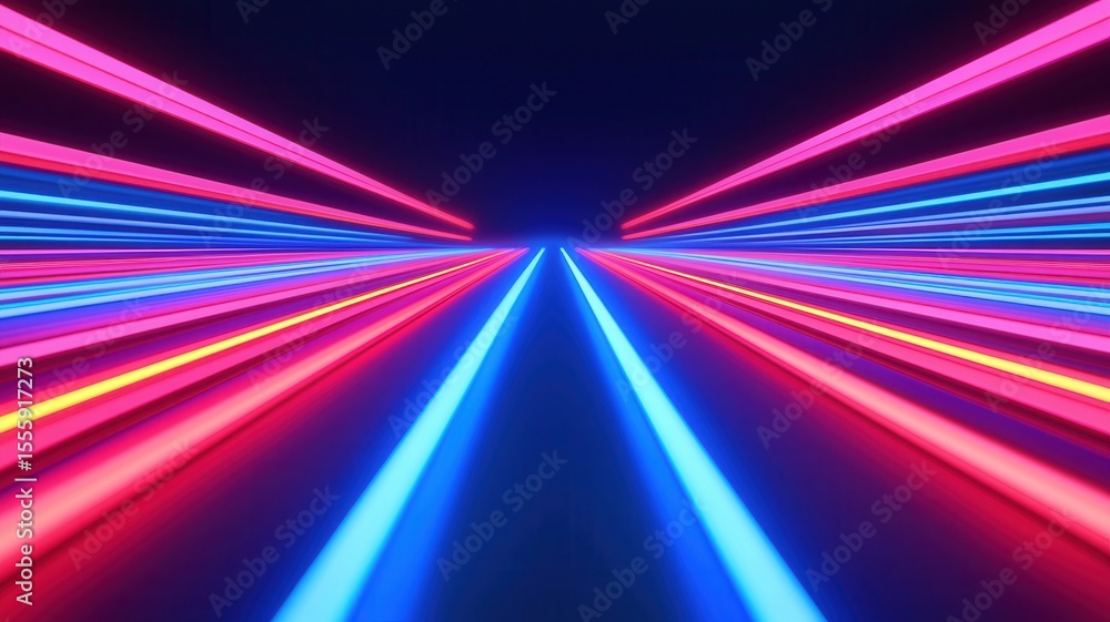 Poster red and blue light trails converge towards a dark tunnel, creating a sense of speed and concepts mot