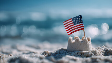 Naklejka premium American Flag Sandcastle at Beach for Independence Day