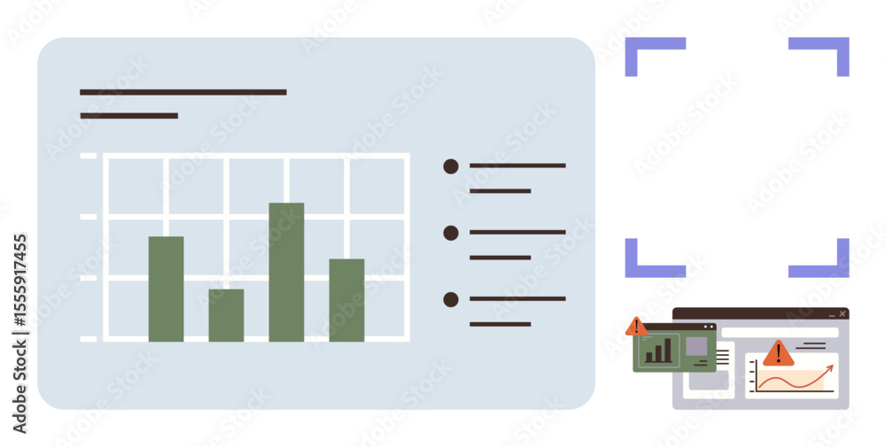 Poster bar chart on large screen next to smaller interfaces with warning alerts and graphs. ideal for data 