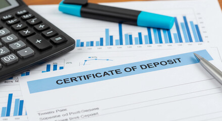 Financial concept image showing a certificate of deposit (CD) with charts, calculator, and pen—representing investment, savings, interest rates, and secure financial planning.