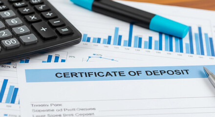 Financial concept image showing a certificate of deposit (CD) with charts, calculator, and pen&mdash;representing investment, savings, interest rates, and secure financial planning.