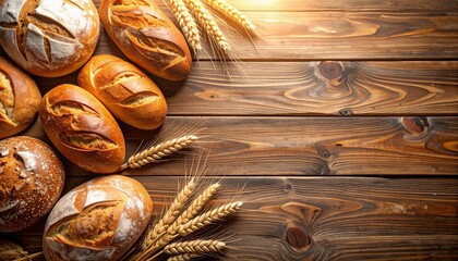 Artisanal bread loaves and wheat stalks on a rustic wooden table