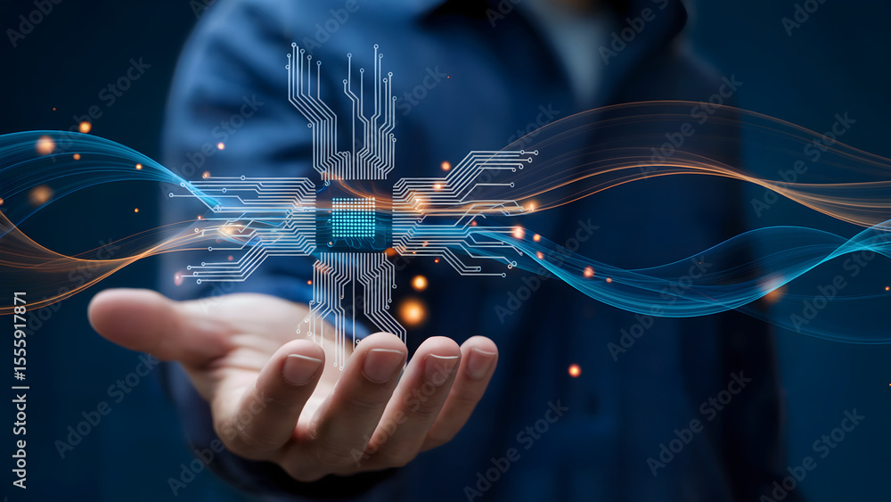 Aufkleber innovative technology is embodied in the human hand, showcasing a microchip and digital wave pattern