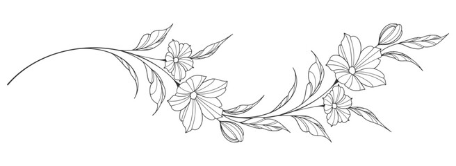 flower and leaves drawing. Vector hand drawn engraved floral card. Botanical, branch and flower Black ink sketch. Great for tattoo, invitations, greeting cards, decor