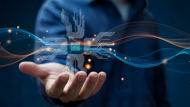 Innovative technology is embodied in the human hand, showcasing a microchip and digital wave patterns in a striking blue presentation, suggesting future tech and data solutions. - Powered by Adobe