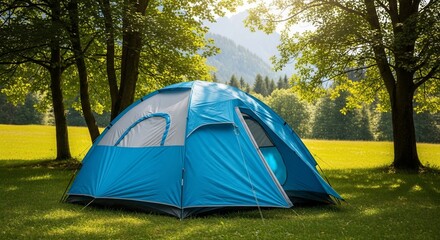 Blue Tent Camping Adventure Amidst Lush Greenery and Distant Mountains