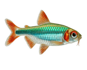 Colorful tropical fish with shiny scales and bright orange fins isolated on transparency background, showing detailed texture and vibrant aquatic beauty in natural pose