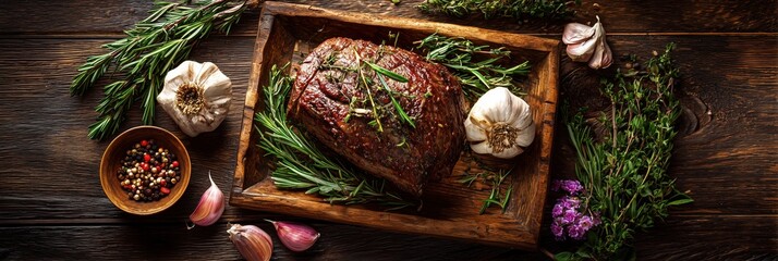 Baked meat, garlic and rosemary on a wooden background. Roast beef. top view. Banner