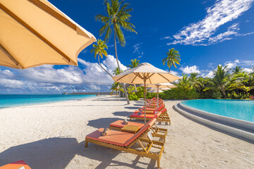 Stunning landscape, swimming pool blue sky with clouds. Tropical resort hotel in Maldives....