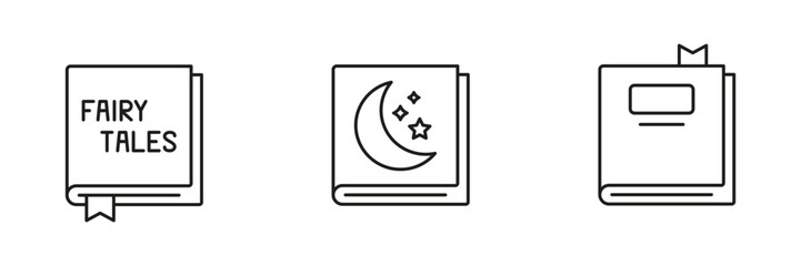 Fairy Tale And Storybook Line Icon Set. Imaginative Literature, Fantasy, And Children Book Outline Symbol Collection. Reading And Education Theme. Editable Stroke. Isolated Vector Illustration