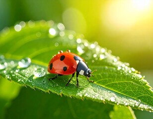 Obraz premium ladybug on green leaf Floating in the leaf with water droplets.