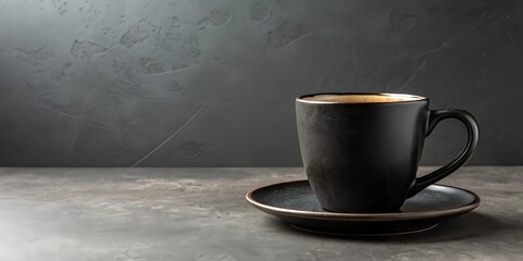 Steaming coffee sits in a dark mug on a gray textured surface, inviting a moment of warmth and comfort.