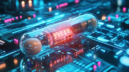A futuristic medical capsule sits on a circuit board
