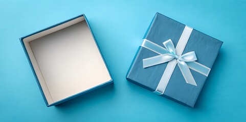 Two blue gift boxes sit on a light blue background, one with a ribbon and bow and the other open