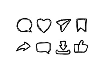 Set of social media icon in scribble doodle style include Thumbs up, repost, share, like, comment, love, download, bookmark or save, and direct message. Vector on isolated white background