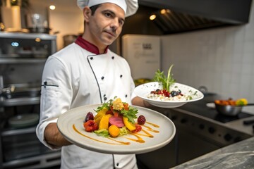 Man, chef and serious with plate in kitchen at restaurant for fine dining, meal and creativity. Male employee, professional and cooker with food for culinary, hospitality and catering service