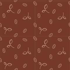 Pattern with coffee beans and branches on brown chocolate background.