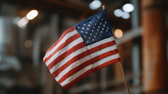 Waving American Flag Against Rustic Factory Column - Powered by Adobe