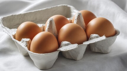 Six brown chicken eggs nestled in a clean white cardboard carton on a textured white surface