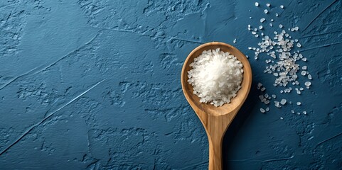 Crystal sea salt on wooden spoon against textured blue surface provides an elegant, natural culinary still life.