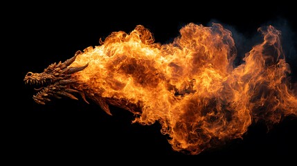 A ferocious mythical dragon breathes a vast quantity of intensely burning flames