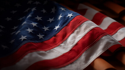 American flag draped on rustic clay tiles with dramatic shadows