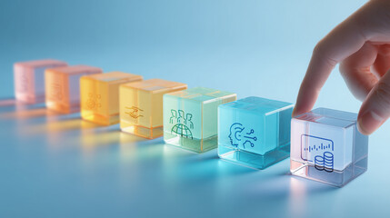 Translucent glass blocks with icons representing project management concepts are arranged in row on blue background