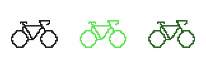Bicycle Icon Set In Pixel Art. Pixelated Design of Bike for Transportation. Isolated Vector Illustration