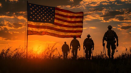 Sunset Silhouette of Soldiers and US Flag