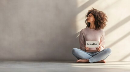 Person sits cross legged in a serene space, holding a sign that says breathe. Sunlight streams through, suggesting tranquility and stress relief through mindfulness and relaxation