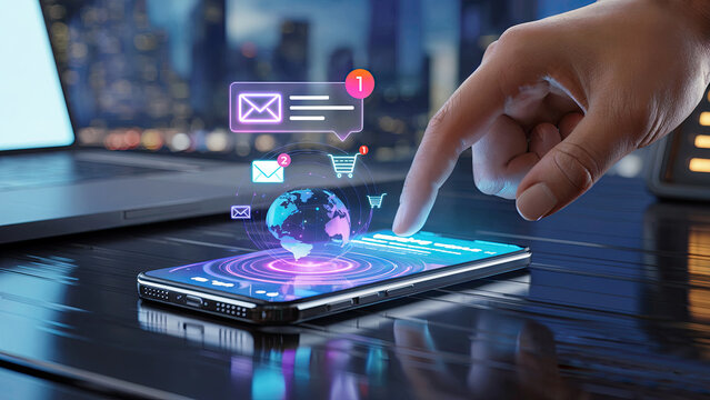 Hand touching smartphone with glowing digital interface and global network icons technology