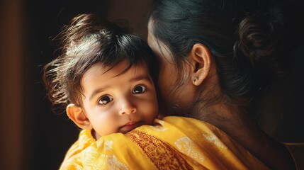 A cute baby held and protected by his mom, natural light, copy space. Child protection, motherly love, children welfare