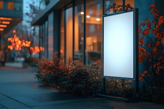 Blank advertising billboard on a city street at dusk with autumn