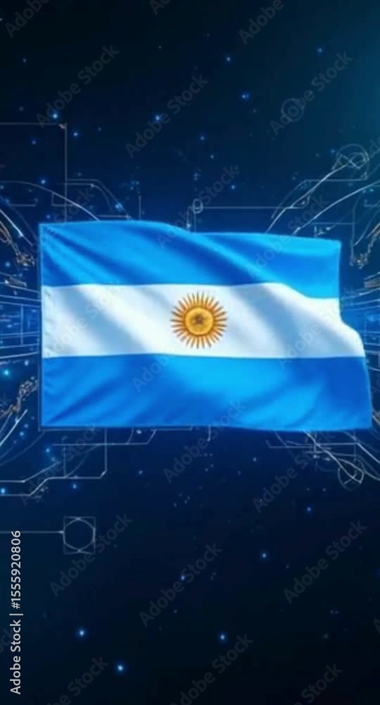 Poster argentina flag on a digital background with circuit board lines and glowing particles