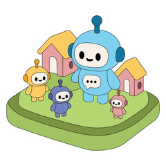 Playful Robot Family in Colorful Houses Coloring Vector and Illustration.